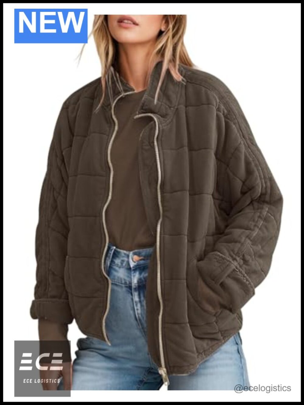 Womens Long Sleeve Full Zip Quilted Jacket Coat Winter Outerwear